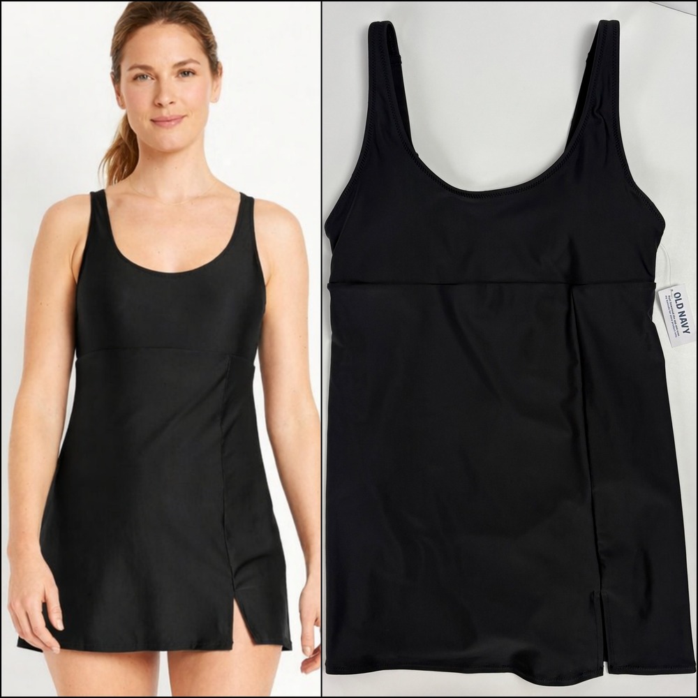 NWT Old Navy Black Swim Dress‎ S Wireless Modest One Piece Bathing Suit Skirt